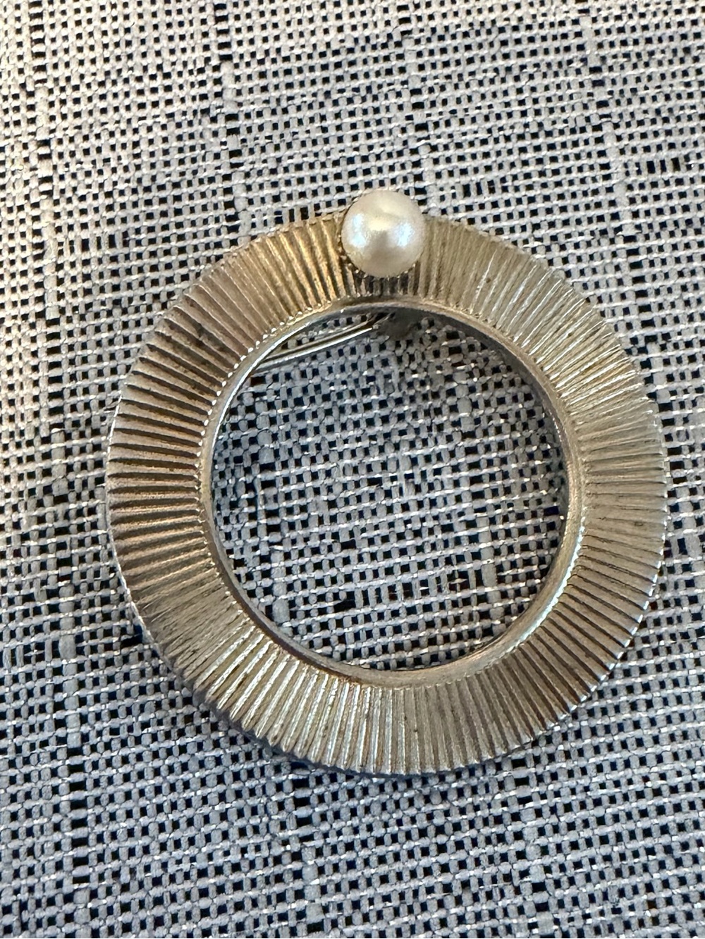 Vintage Circular Textured Brooch with Pearl Accent